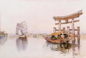 Brána Torii u vchodu do svatyně Icukušima, Miyajima, Japonsko (akvarel na papíře)