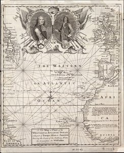 Nová mapa západního Atlantického oceánu s částí Evropy, Afriky a Ameriky, zobrazující plavbu galeon do Západní Indie a zpět.