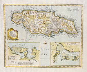 Mapa ostrova Jamajka, rozděleného na hlavní farnosti kolem roku 1760 (ručně kolorovaná rytina)