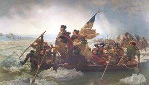 Washington Crossing the Delaware; Vánoce 1776; konec 19. století (oleograf) od Emanuel Gottlieb after Leutze