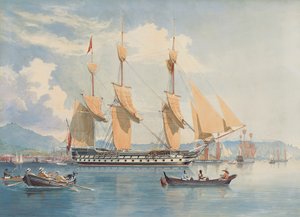 HMS Ganges ležící na kotvě a sušící si plachty u Rio de Janeira