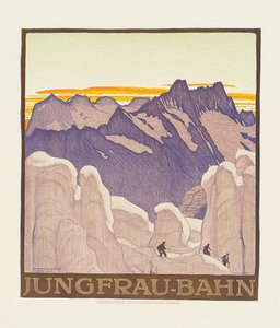 Jungfrau-Bahn, plakát inzerující horskou železnici Jungfrau (barevné lito)