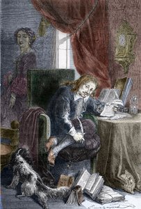 Portrét francouzského spisovatele Paula Scarrona (1610-1660), autora burleskních komedií, je zastoupen na invalidním křesle, ve stínu za ním stojí jeho manželka Francoise d