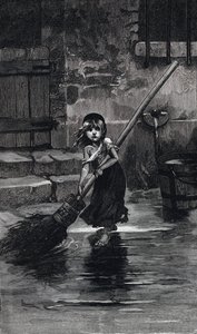 Scéna z Les Miserables, od Victora Huga: Cosette zametání (rytina)