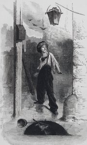 Scéna z Les Miserables, od Victora Huga: Gavroche (rytina)