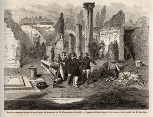 Výkop Pompejí, pod vedením inspektora Fiorelliho, ilustrace z „Pompei et les Pompeiens“, od Edouarda Chartona
