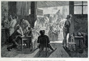 Skupina žen před barem, ženám zapovězená, zpívající opilcům chvalozpěvy proti alkoholismu od Emile Antoine Bayard