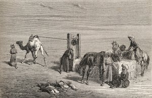 Studna v poušti mezi Samarkandem a Karshi, Uzbekistán, ilustrace z 