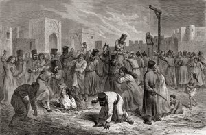 Kamenování a věšení cizoložníků v Turecku, ilustrace ze „Světa v rukou“, vyrytý Huyot, vydáno 1878 od Emile Antoine Bayard