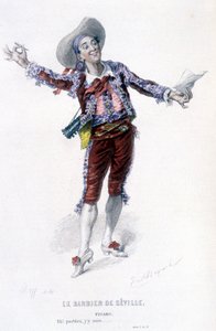 Kompletní dílo Beaumarchaise (1732-1799) od Edouarda Fourniera. kresba Emile Bayard. Ed. Laplace, Sanchez et Cie, Paříž 1876. Toto je Figaro ve filmu Lazebník sevillský od Emile Antoine Bayard