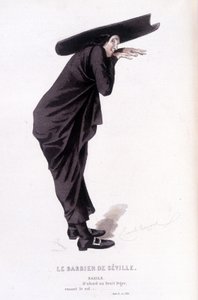 Kompletní dílo Beaumarchaise (1732-1799) od Edouarda Fourniera. kresba Emile Bayard. Ed. Laplace, Sanchez et Cie, Paříž 1876. Toto je Bazile ve filmu „Lazebník sevillský“ od Emile Antoine Bayard