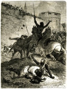 Křížová výprava proti Albigeois – obležení Toulouse, 25. června 1218. Bratr Simona de Montfort byl právě zraněn šípem, samotného Simona de Montforta zabije koule hodů katapultem, říká se, jedna z žen z Toulouse, kdo je od Emile Antoine Bayard