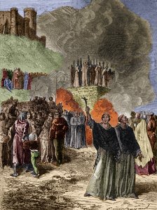 Křížová výprava proti Albigeois - Poslední obránci Montsegur (Cathare) uhořeli na řezníkovi v roce 1244 - Rytina Emila Bayarda po G. Burgunovi
