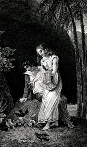Rytina ilustrující vydání románu Jacques-Henri Bernardin de Saint Pierre (Jacques Henri Bernardin de Saint-Pierre): Paul et Virginie z konce 19. století. V blízkosti mladého páru milenců v lese bez obav přistávají ptáci. Kresba b od Emile Antoine Bayard