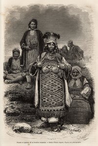 Snoubenci a rolníci z rumunských hranic, rytina podle kresby Emila Bayarda, znázorňující cestu do Bulharska, od Guillaume Lejeana, v roce 1867, publikováno v „“Le tour du monde““ 1873, editoval Edouard Charton, vydání Hachette, Paříž . Se od Emile Antoine Bayard