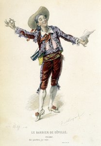 Figaro v „Lazebník sevillský“ v „Oeuvres Completes de Beaumarchais“, ed. Laplace Sanchez & cie, Paříž od Emile Antoine Bayard