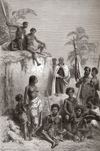 Havajský král Kamehameha I a jeho válečníci, ilustrace z 
