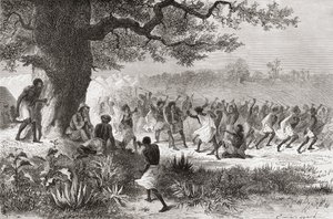 Henry Morton Stanley pozoruje kmen Vouagogos připravující se k boji během své výpravy v roce 1871, ilustrace z knihy "Svět v rukou", vydané v roce 1878. od Emile Antoine Bayard