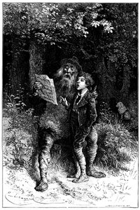Ilustrace Emila Bayarda k románu Hectora Malota "Sans Famille": Remi zpívá s panem Vitalisem, potulným umělcem - pouličním hudebníkem, saltimbankou - Edition Hetzel 1880 - od Emile Antoine Bayard