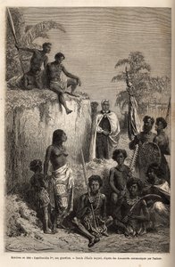 Kamehameha I (asi 1758-1819), král Havajských ostrovů a zakladatel jejich jednotky, obklíčil havajské válečníky a některé poddané v Honolulu, rytina podle kresby Emila Bayarda, ilustrující plavbu na Sandwichovy ostrovy v letech 1855-69 , od C