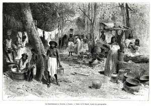 Les blanchisseuses au Chorillo, Panama, rytina podle kresby E.Bayarda pro ilustraci příběhu Průzkum šíjí Panamy a Darienu, od A. Recluse, poručíka lodi, v letech 1876 až 1878, publikovaný v tour du monde, pod vedením od Emile Antoine Bayard