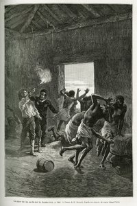 Major Serpa Pinto vystřelil na náčelníka vesnice nebo zastavil, protože výměnou za pohostinnost požadoval ještě více brandy. Rytina Emila Bayarda pro ilustraci příběhu, jak jsem prošel Afriku, od Atlantského oceánu po Indický oceán, od Majo od Emile Antoine Bayard