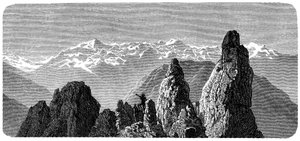 Vrchol hory s názvem Pierre a Voir poblíž lázní Saxon ve Valais, švýcarské Alpy. Ilustrace Emile Bayard pro knihu Alberta Dupaigne „Les Montagnes“, vydání Mame 1881. od Emile Antoine Bayard