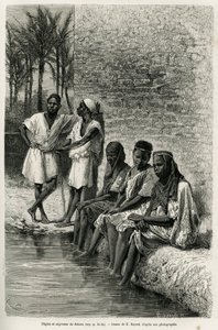 Negresové a negresové ze Sahary, na březích Oued Rihr. Rytina E. Bayarda pro ilustraci Alžírské Sahary, V. Largeau, v letech 1874-1878, publikovaná v Tour du monde, pod vedením Edouarda Chartona (1807-1890)