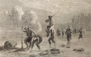 Paul Marcoy a jeho expedice jsou neseni přes bažinu v Argentině indiány Chuncho v roce 1874, ilustrace z „The World in the Hands“, vydané v roce 1878 od Emile Antoine Bayard