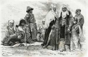 Chudé a bohaté kyrgyzské ženy. Rytina Emila Bayarda pro ilustraci cest z Orenburgu do Samarkandu, Marie de Ujfalvy-Bourdon, mezi 1876 a 1878, v Tour du monde, režie Edouard Charton od Emile Antoine Bayard