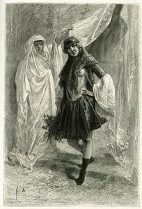 Portrét Ziba Khanoum, perské princezny. Rytina od E. Bayarda po fotografii pro ilustraci příběhu „Persie, Chaldee a Susiane““ v letech 1881-1882 od Jane Dieulafoy (rozené Magre)