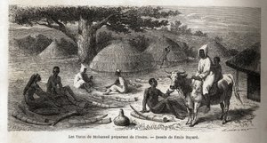 Příprava slonoviny pro tureckého obchodníka z Ugandy, kresba Emile Bayarda (1837-1891), ilustrující objevnou cestu kapitána Spekeho v Africe v letech 1860 až 1863. Rytina v „“Le tour du monde““, editoval Edouard Charton od Emile Antoine Bayard