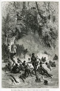 Sir Henri Morton Stanley (1841-1904) uprostřed koupajících se v regionu Karagoue (Kamerun), kteří se ponoří do horké a léčivé vodní nádrže v soutěsce Mtagata, kresba Emile Bayard, aby ilustrovala příběh „Through the Mysterious kontinent“, a od Emile Antoine Bayard