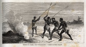 Sorghum bubeníci, v ounyamouezi (oblast Velkých jezer, Afrika), kresba Emila Bayarda (1837-1891), ilustrující cestu kapitána Spekeho za objevy v Africe v letech 1860 až 1863. Rytina v „“Le tour du monde““, editoval Eduard Charton od Emile Antoine Bayard