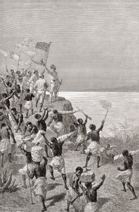 Stanley a jeho expedice poprvé spatřili Tanganiku ve východní Africe v roce 1872, ilustrace z „The World in the Hands“, vydané v roce 1878 od Emile Antoine Bayard