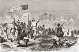Stanleyho útok na Zimbizo během jeho expedice v roce 1871, ilustrace z 