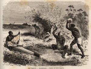 Kováři v ounyamouezi (oblast Velkých jezer, Afrika), kresba Emila Bayarda (1837-1891), ilustrující objevnou cestu v Africe v letech 1860 až 1863 kapitána Spekeho. Rytina v „“Le tour du monde““, editoval Edouard Charton od Emile Antoine Bayard