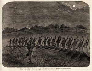 Obřad bubnů pro východ nového měsíce v čele kmene Rumanika v Karague (západně od Viktoriina jezera, v dnešním Zimbabwe), kresba Emile Bayarda (1837-1891), ilustrující plavbu kapitána Spekeho objevu v Africe z roku 186 od Emile Antoine Bayard
