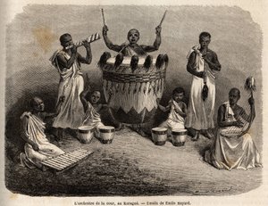 Dvorní orchestr v Karague (západně od Viktoriina jezera, dnešní Zimbabwe), kresba Emila Bayarda (1837-1891), ilustrující objevnou cestu kapitána Spekeho v Africe v letech 1860 až 1863. Rytina „“ Le tour du monde ““, upravil Edouard Char od Emile Antoine Bayard