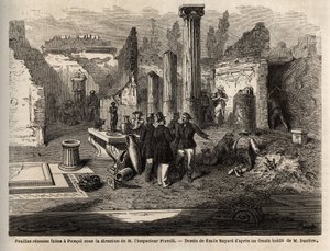 Vykopávky z roku 1864 v Pompejích pod vedením inspektora Fiorelliho, kresba Emila Bayarda (1837-1891), pro ilustraci Text Marca Monniera (1829-1885) „“Pompeje a Pompejci““. Rytina v „“ Le tour du monde““, editoval Edouard Chart od Emile Antoine Bayard
