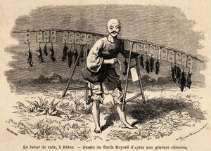 Zabiják krys v Pekinu. Kresba Emila Bayarda (1837-1891) pro ilustraci cesty ze Šanghaje do Moskvy v letech 1859 až 1862 od pana de Bourboulona, francouzského ministra Číny. Rytina v „“ Le tour du monde““, editoval Edouard Charton od Emile Antoine Bayard