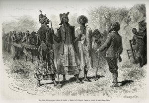 Tři dirigenti (neboli sovas), princové z Dombe (Angola) a jejich suita hudebníků a dvořanů, se setkají s průzkumníkem S.Pintem. Rytina Emila Bayarda pro ilustraci příběhu, jak jsem prošel Afriku, od Atlantského oceánu po Indiu od Emile Antoine Bayard
