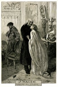 Victor Hugo „Bídníci“, „Poslední soutěska kalicha“. Ilustrace Emile Bayard. Bývalý forcat Jean Valjean zestárnul s Cosette a Mariusem. Rytina edice Ollendorff 1906. od Emile Antoine Bayard