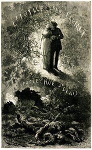 Miserables Victora Huga: sentimentální zápletka na pozadí historické fresky. Milenci Cosette a Marius (láska - idyla rue Plumet) a pařížské barikády (Revoluce - Epopee rue St Denis (Saint-Denis). Ilustrace Emile Bayard pro Oll od Emile Antoine Bayard