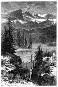 Pohled na Alpy: les, jezero, vrcholy. Ilustrace Emile Bayard ke knize Les Montagnes d