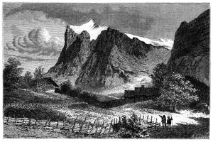 Pohled na švýcarské Alpy. Ilustrace Emile Bayard ke knize Les Montagnes d
