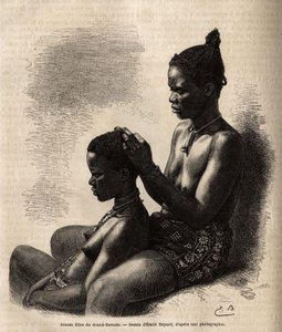 Mladé dívky z Grand-Bassamu (Grand Bassam) (bývalé hlavní město Pobřeží slonoviny), stylizující se, rytina podle kresby Emila Bayarda, znázorňující cestu na africké pobřeží v roce 1868, od viceadmirála Fleuriota de Langles, publikováno v „“ Le tour du m od Emile Antoine Bayard