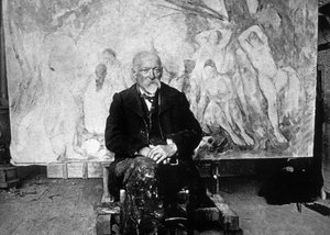Paul Cezanne (1839-1906) francouzský malíř v roce 1904 před jedním ze svých pláten zobrazujících plavce (č/b foto)