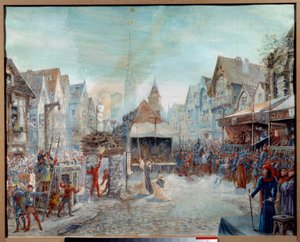 Stoletá válka: „“ Johanka z Arku (1412-1431) je vedena na řezníka““ (Place du Vieux-Marche v Rouenu). Obraz Emile Deshayse (1875-1946) 1901. Sun. 0,73x0,6 m Rouen, Musee des Beaux Arts Pozor! Použití tohoto díla může být předmětem třetí strany aut od Emile Deshays