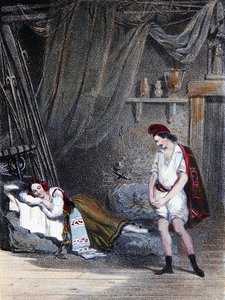 Scéna zobrazující němou dívku Fenellu spící v chýši se svým bratrem Masaniellem: IV. dějství z opery „La Muette de Portici“ od Aubera, kolem roku 1835 (barevné lito) od Emile Deshays